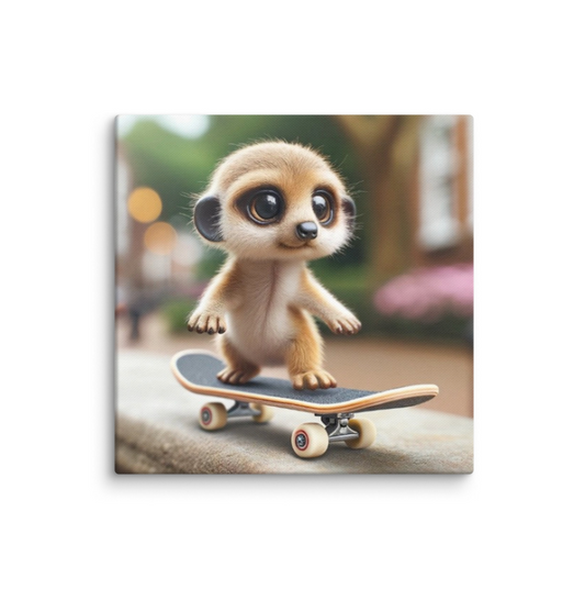 Cartoon meerkat on a skateboard with a blurred background
